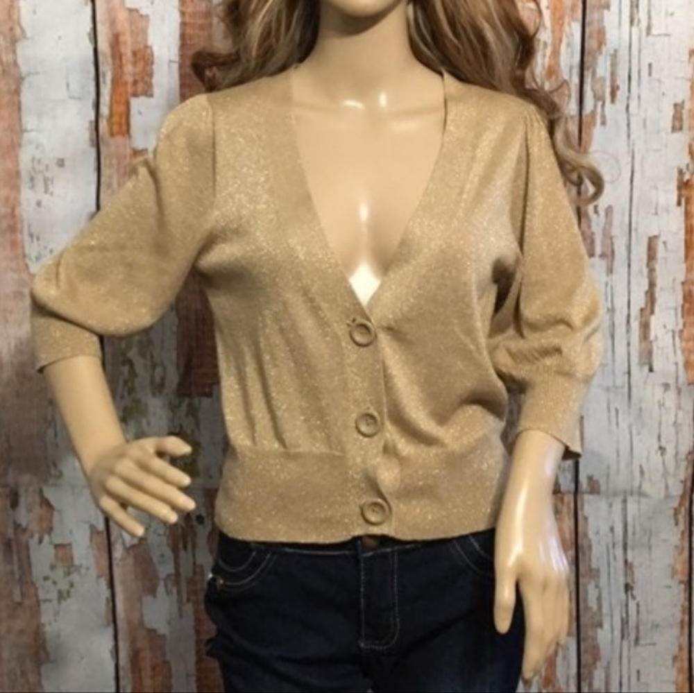 Gold sparkle button up sweater blouse cardigan
